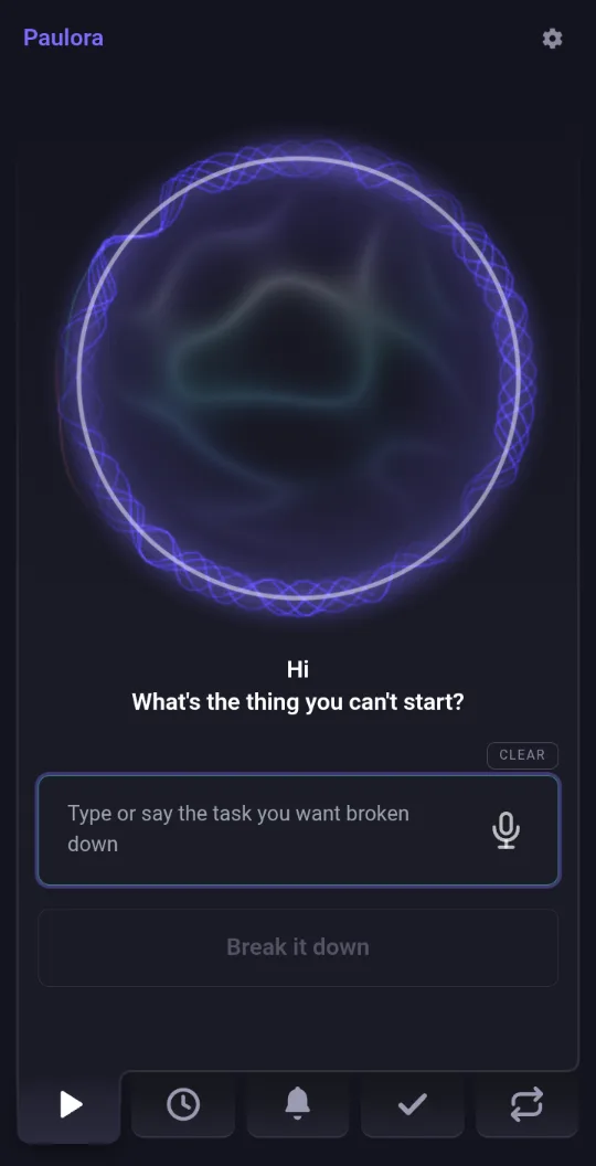 Paulora's home screen, with a glowing circle and the question: what's the thing you can't start?