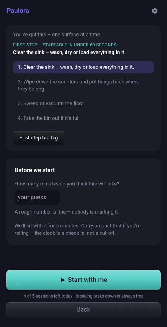Paulora's plan for tidying a kitchen, four numbered steps, the first startable in under sixty seconds.